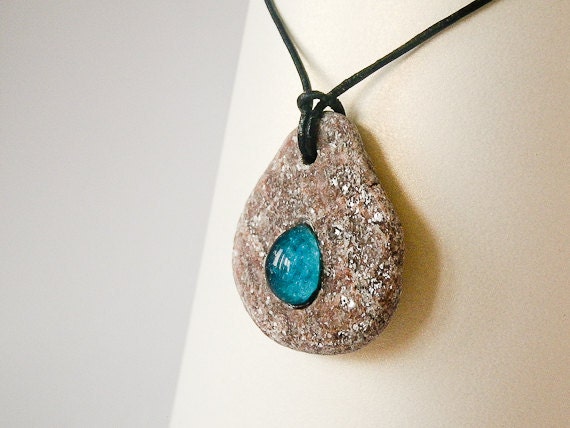 Beach Pebble Necklace, Zen, Yoga Style, Boho, Unisex Hipster Urban Jewelry by HappyEmotions, Sea Stone inlaid with Glass, Linen Twine, OOAK