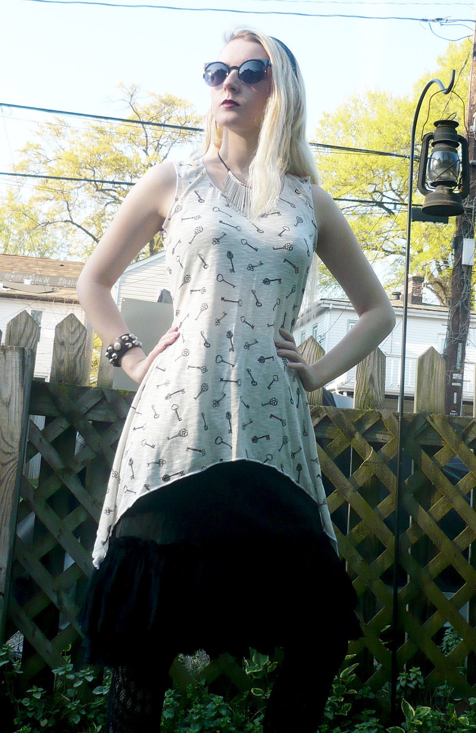 Cream Knit Tunic Tank Top Antique Skeleton Key Print Blouse Custom Size