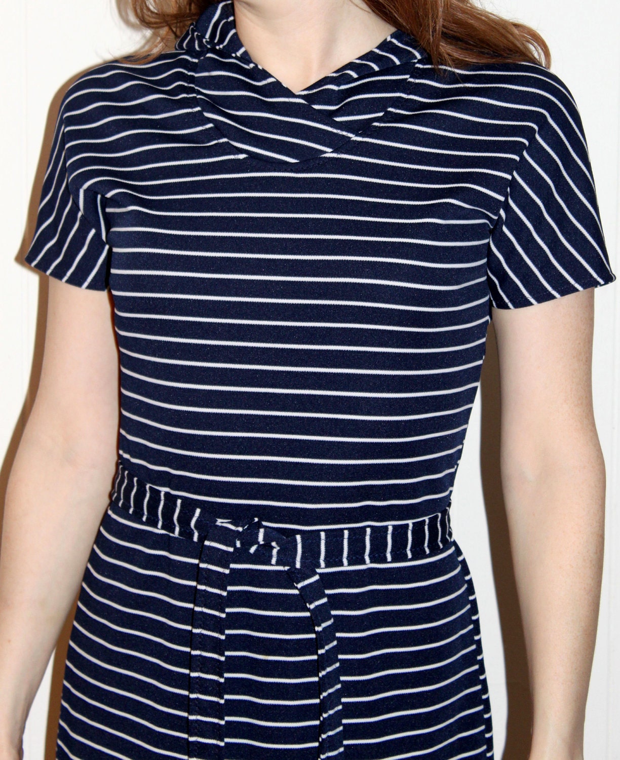 Navy Hooded Dress with White Stripes