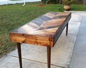 Reclaimed Chevron herringbone pallet barnwood side, entry way foyer loft console coffee sofa table.  Modern eames peg legs.