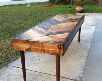 Reclaimed Chevron herringbone pallet barnwood side, entry way foyer loft console coffee sofa table.  Modern eames peg legs.