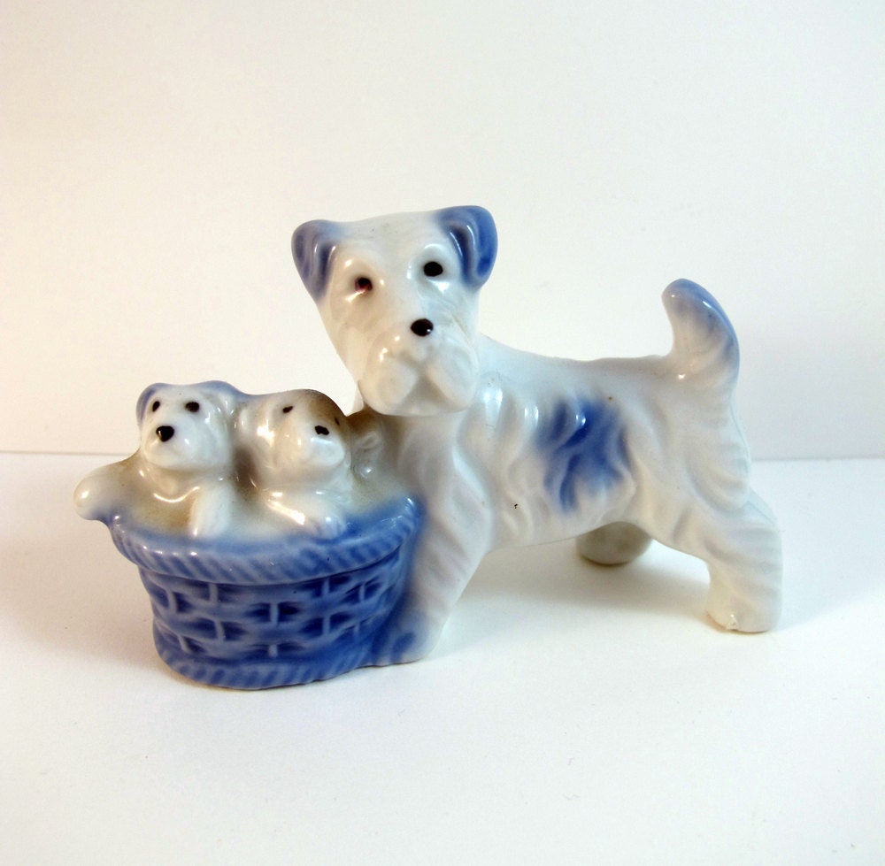 Vintage Terrier and Puppies in Basket Occupied Japan