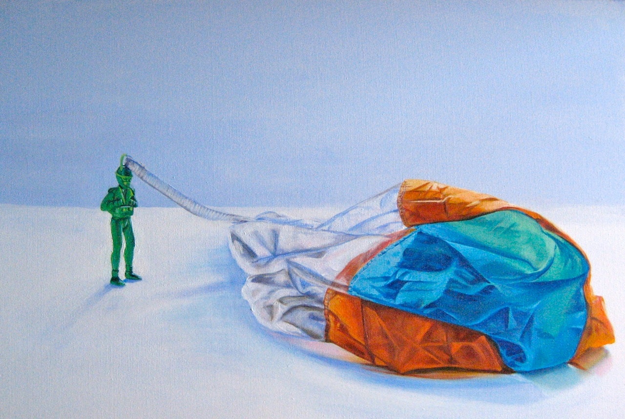 Toy Art, Original Acrylic Painting, "Little Green Parachute Man," 24 x 32 in. by Heather McCaw