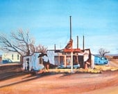 Route 66 Art Original Painting, Old Gas Station, Southwest Americana, Gouache on Paper, 9 x 12 "Wilkerson's" by Heather McCaw