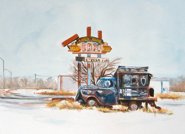 Snow Landscape, Original Painting, Old Sign and Truck on Route 66, Gouache, 9 x 12 in. by Heather McCaw