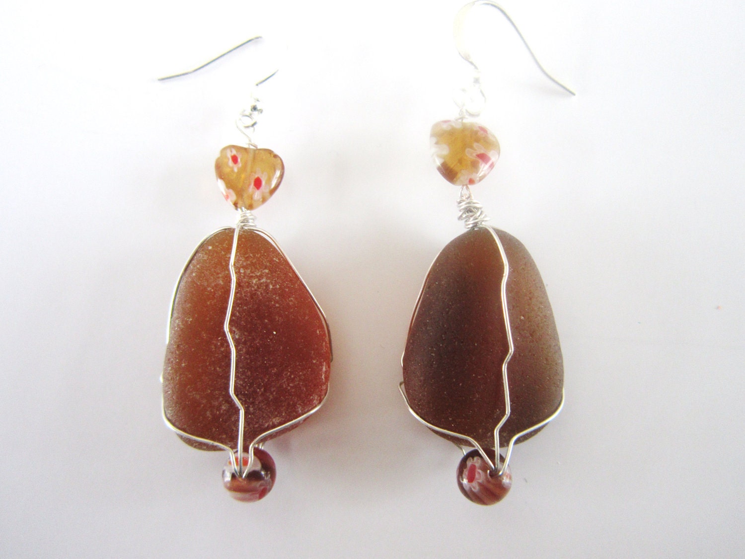 Brown Sea Glass Earrings beaded wire wrapped sterlingf ree shipping