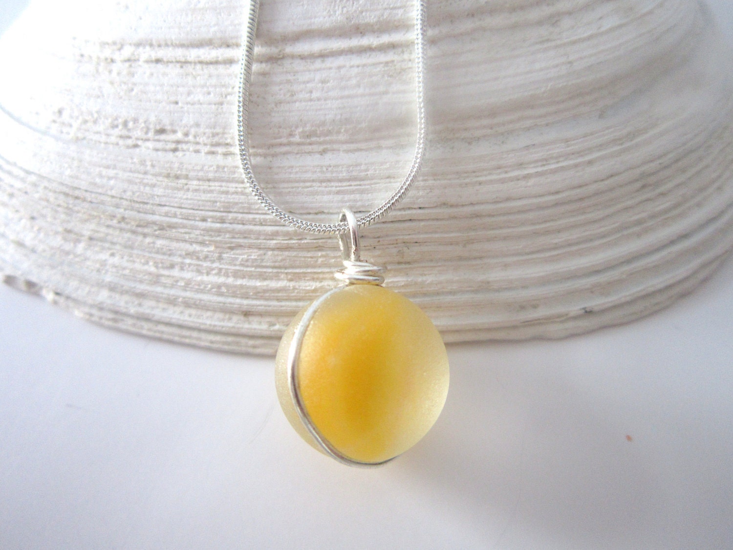 Yellow Sea Glass Pendant genuine beach orb wire wrapped