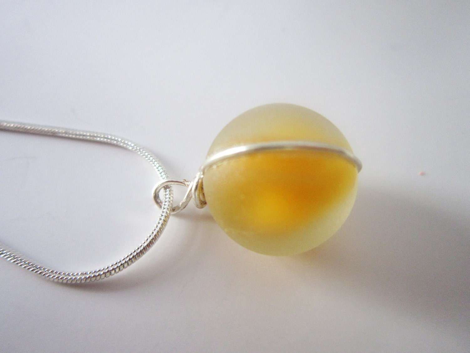 Yellow Sea Glass Pendant genuine beach orb wire wrapped