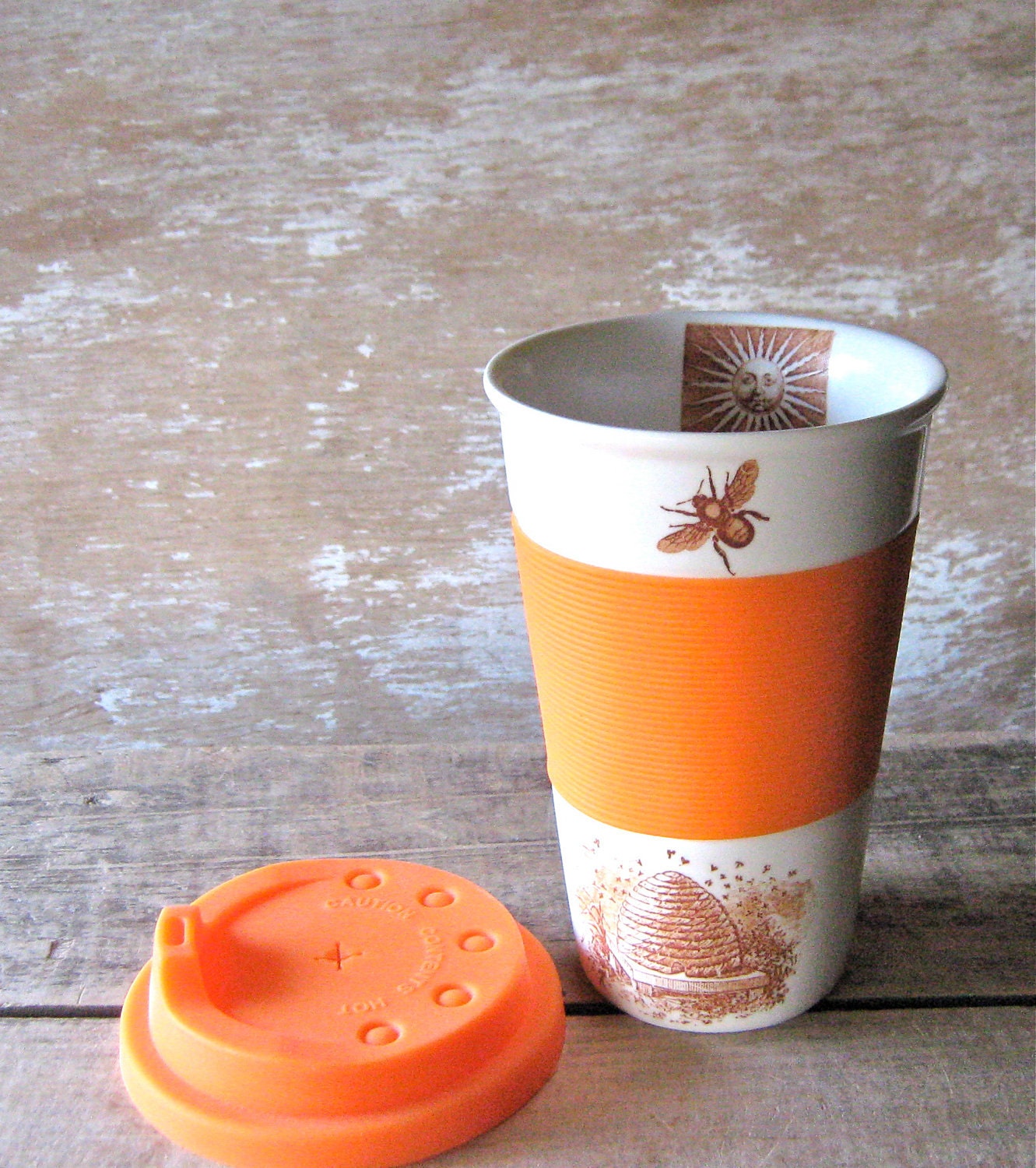 Ceramic Travel Mug Bees Skeps Beehives Honey
