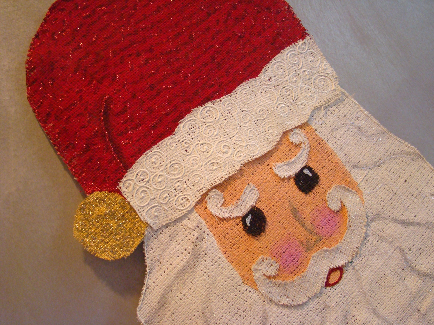 Classic Santa face hand painted burlap door/wall hanging in Christmas red and white