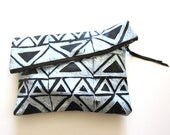 Large black and white hand-printed leather triangles clutch