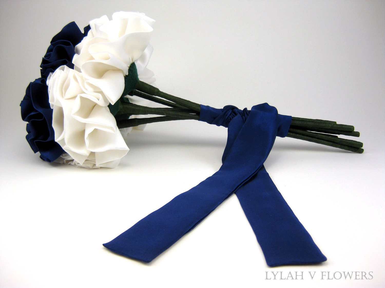 Brides Silk Fabric Bouquet: Large Bloom 8 Stems in Pure White & Indigo