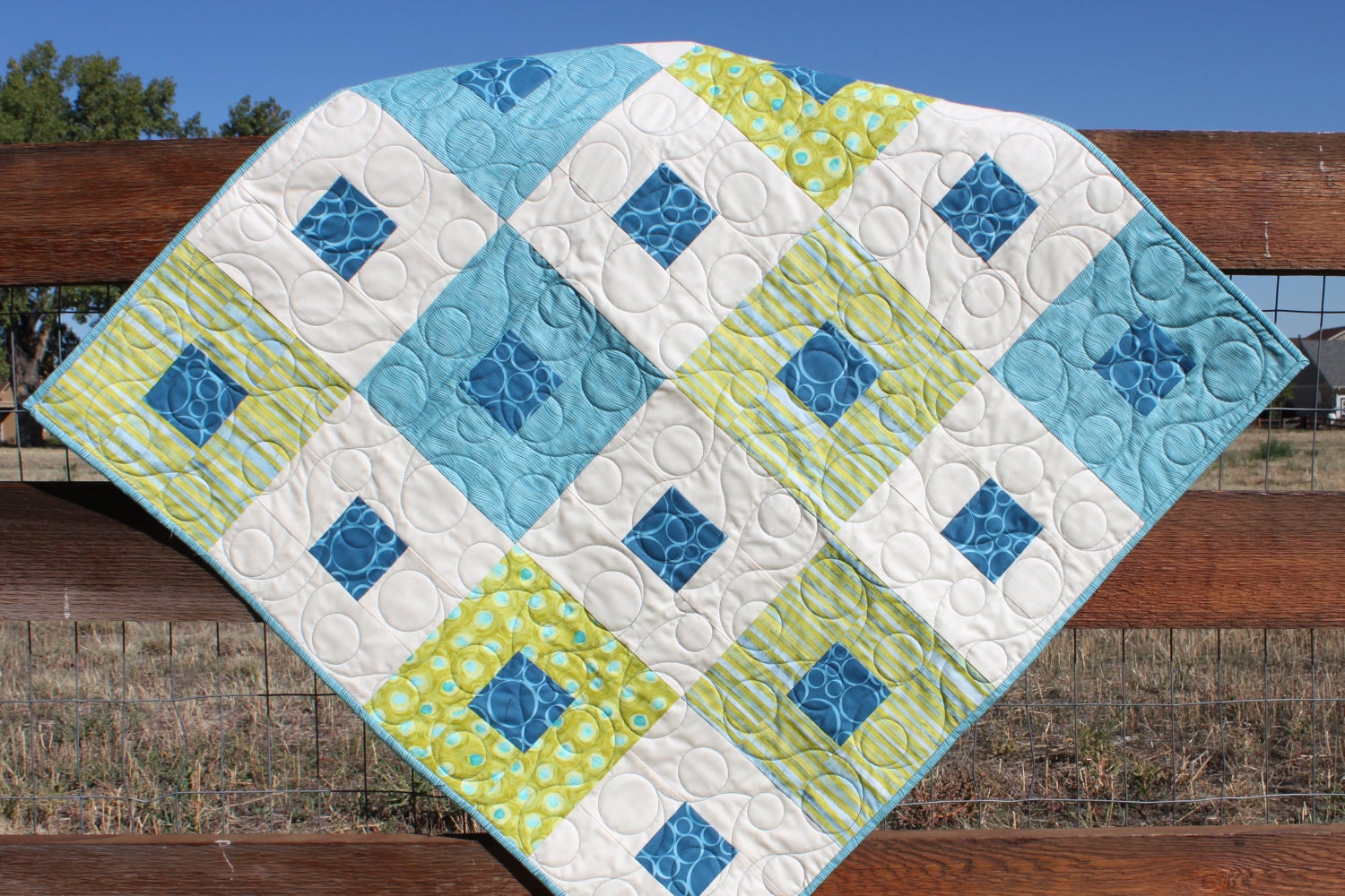Modern Blue, Green, and Cream Baby Boy Quilt