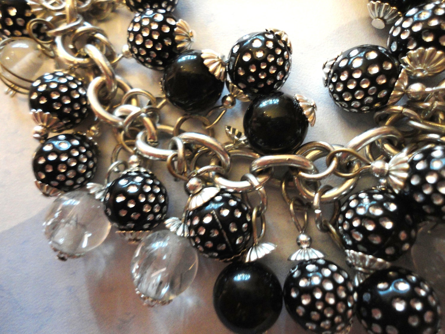 Black Silver Dot Beads on Silver Chain Bracelet