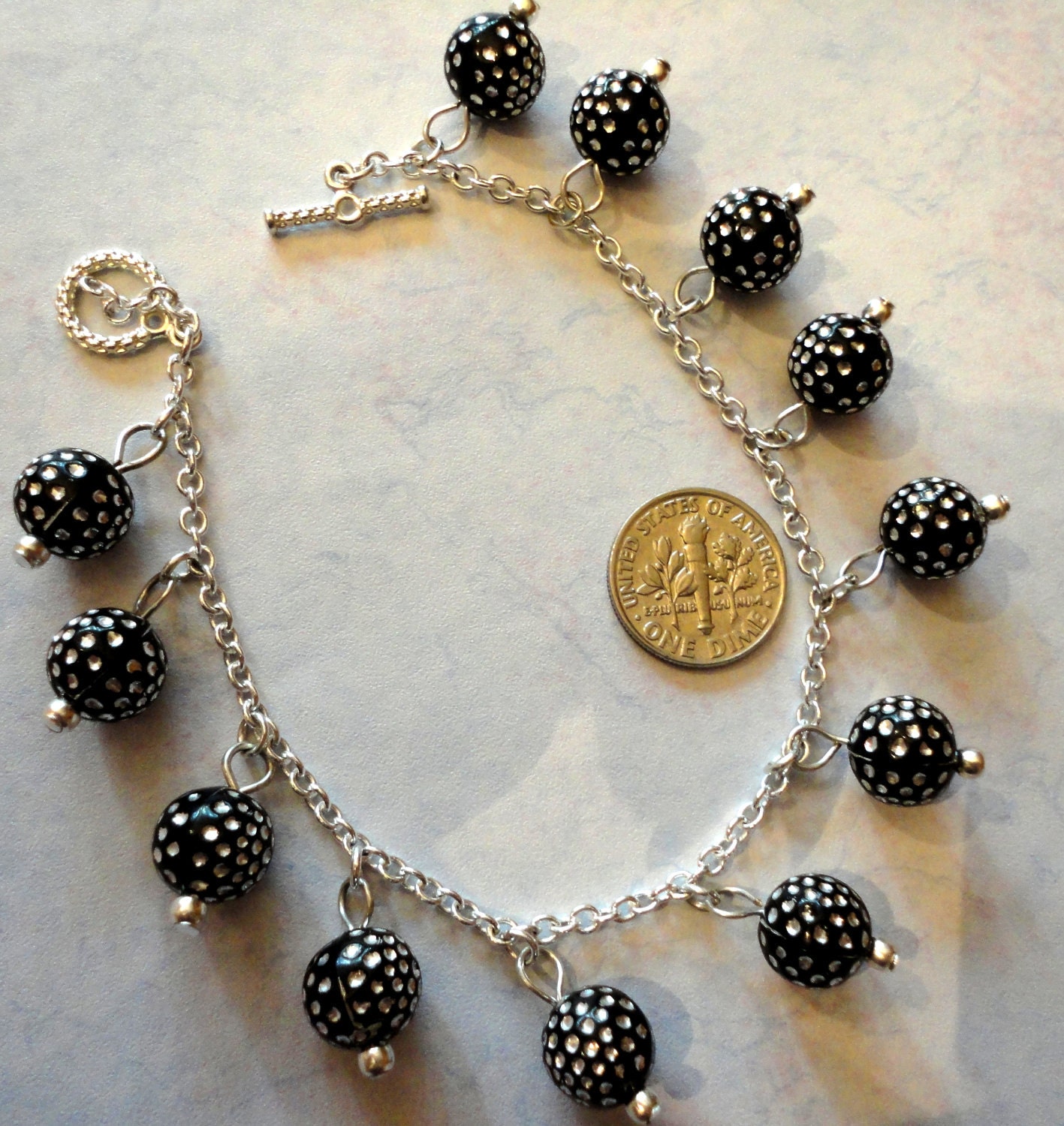 Black Silver Dot Beads on Silver Chain Bracelet