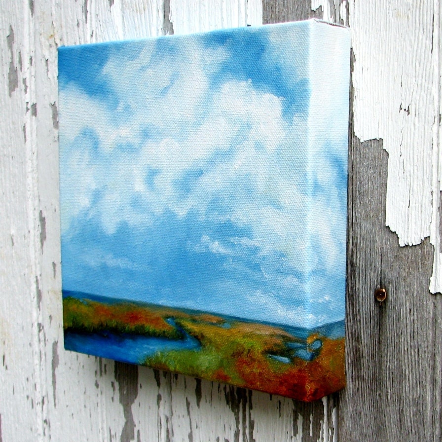 Oil painting original art marshland landscape clouds home decor painting 8x8 - Marshland Journey