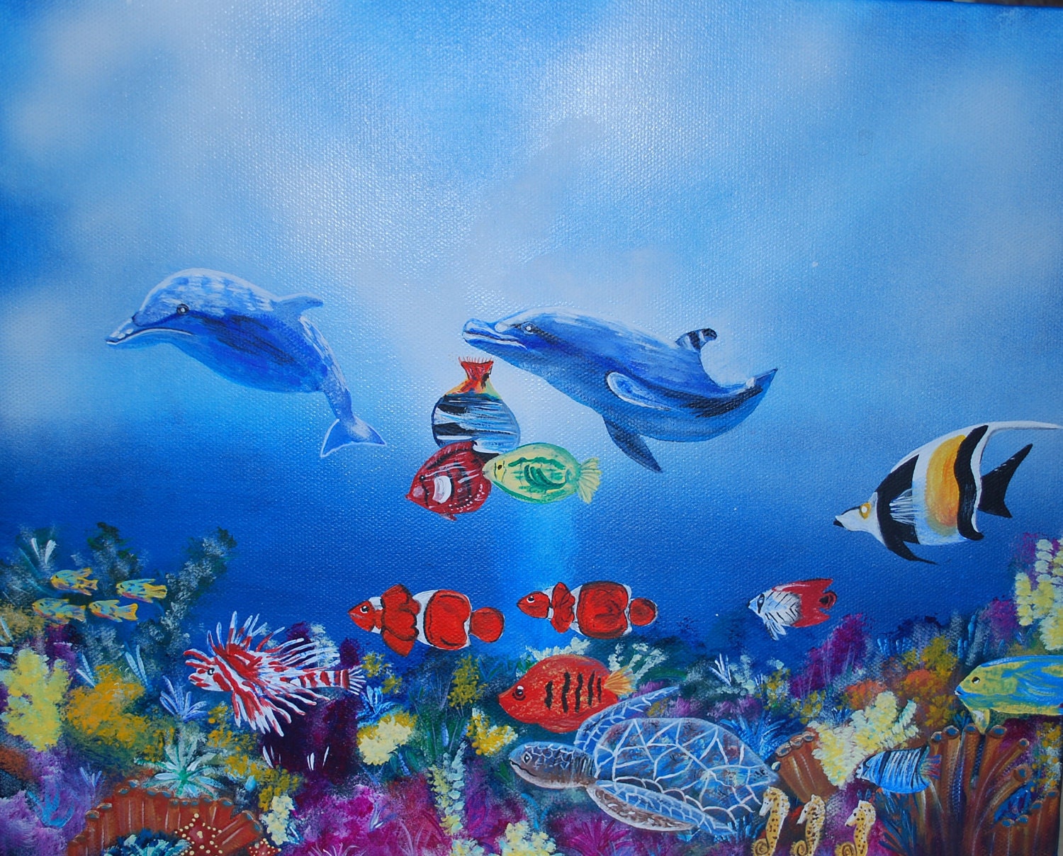 Items Similar To Painting Acrylic Original Underwater Coral Reef With Dolphin On Etsy