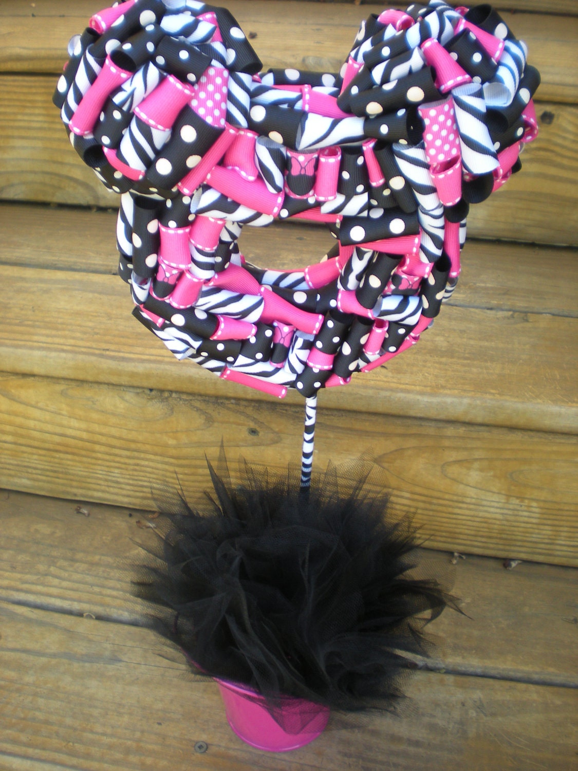 Ribbon Topiary in Hot Pink, Zebra, Black Party/Shower Centerpiece/Decoration- Large Size- Perfect for Minnie Mouse