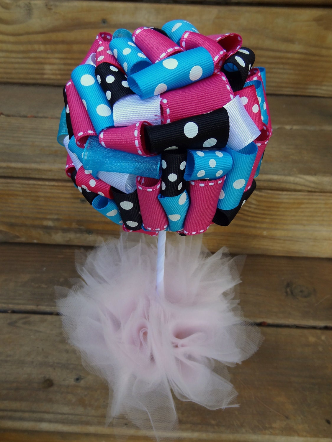 Ribbon Topiary in Black, Hot Pink, Turquiose Polka Dots Party/Shower Decoration/Centerpiece Small Size