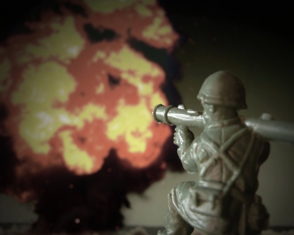 8x10 - War Games - Toy Soldier Wall Art, Pop Surrealism, Modern Art Decor, Military Man, Huge Bazooka, Huge Explosion