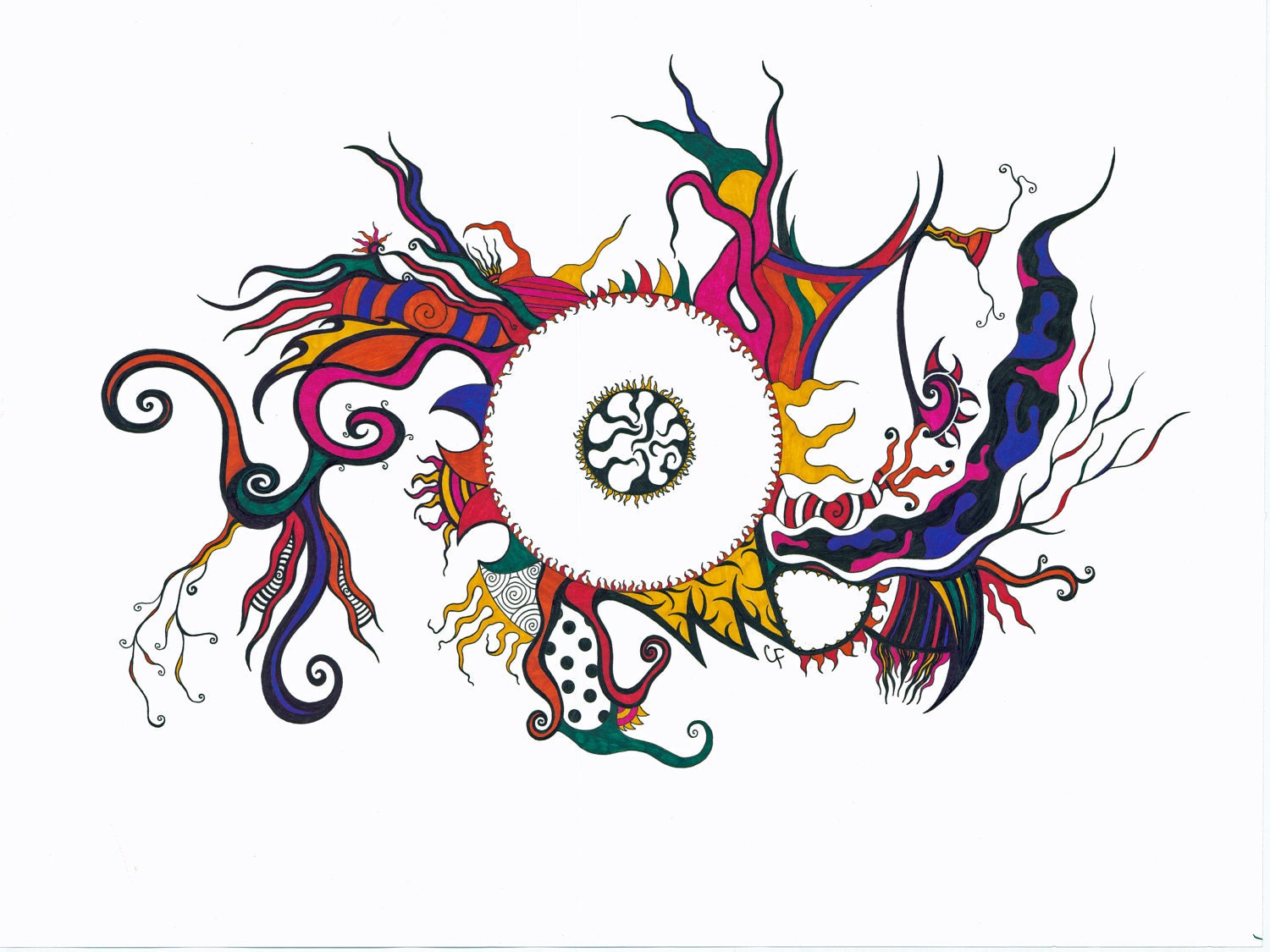Colorful art print. A circle surrounded with colorful imaginative designs "Reprieve"
