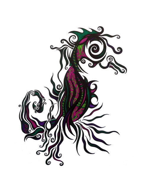 Abstract Art print, Seahorse, black green purple