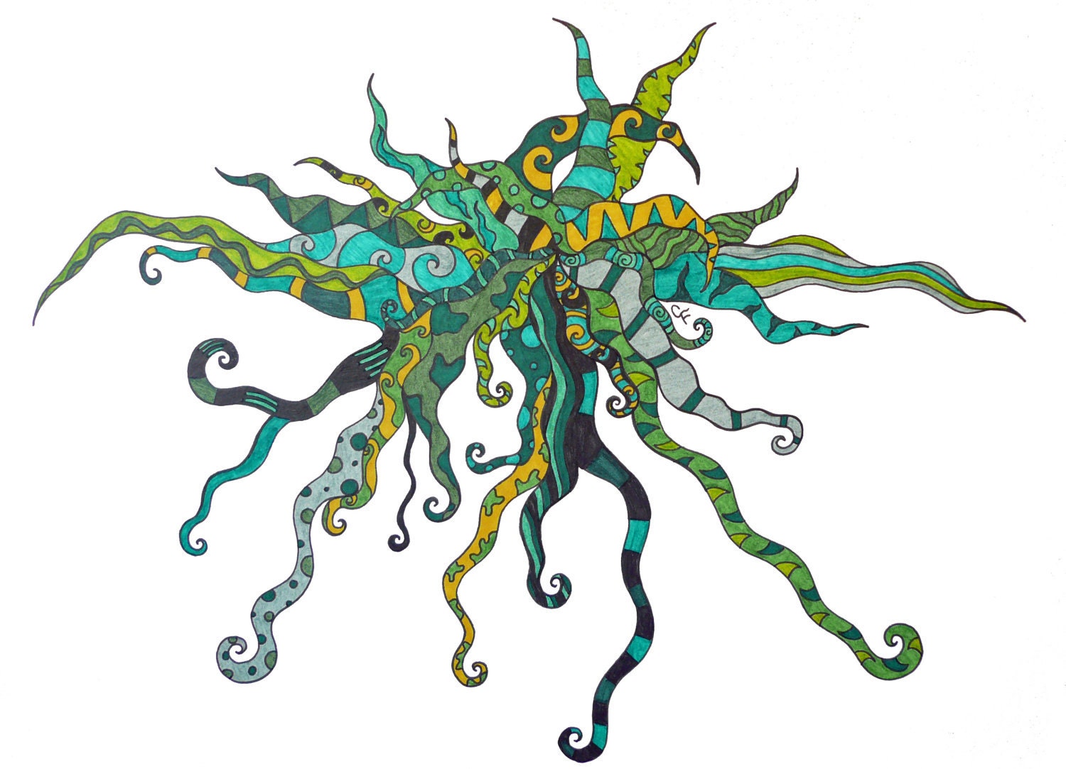 Original abstract pen and ink drawing, swirling green yellow and black design  "Creeping Vines"