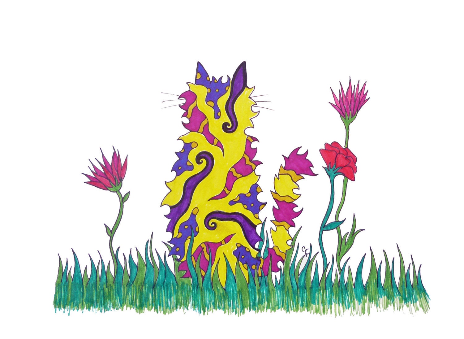 Colorful cat art print, long haired cat, abstract details and flowers "yellow cat in the grass"