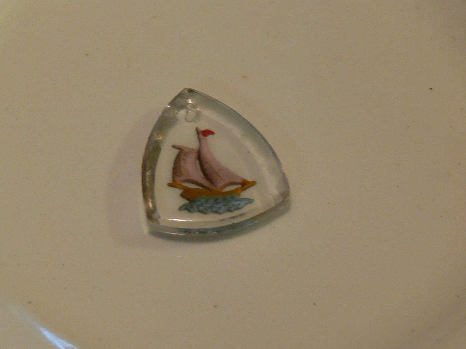 West German Glass Intaglio Vintage 25x20 Gorgeous Sailboat Pendant