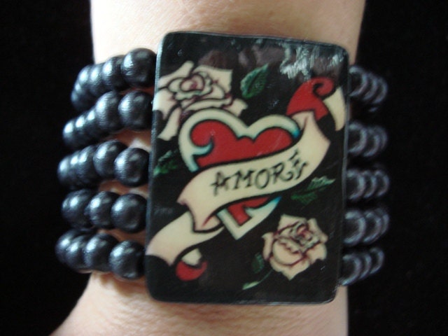 Handmade and unique Amore tattoo like black beaded bracelet / cuff