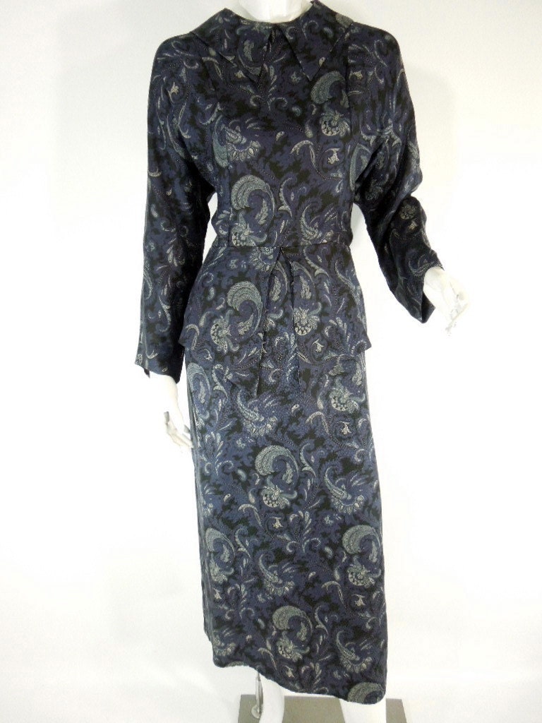80s Does 40s Blue Silk Peplum Midi Dress - med, lg