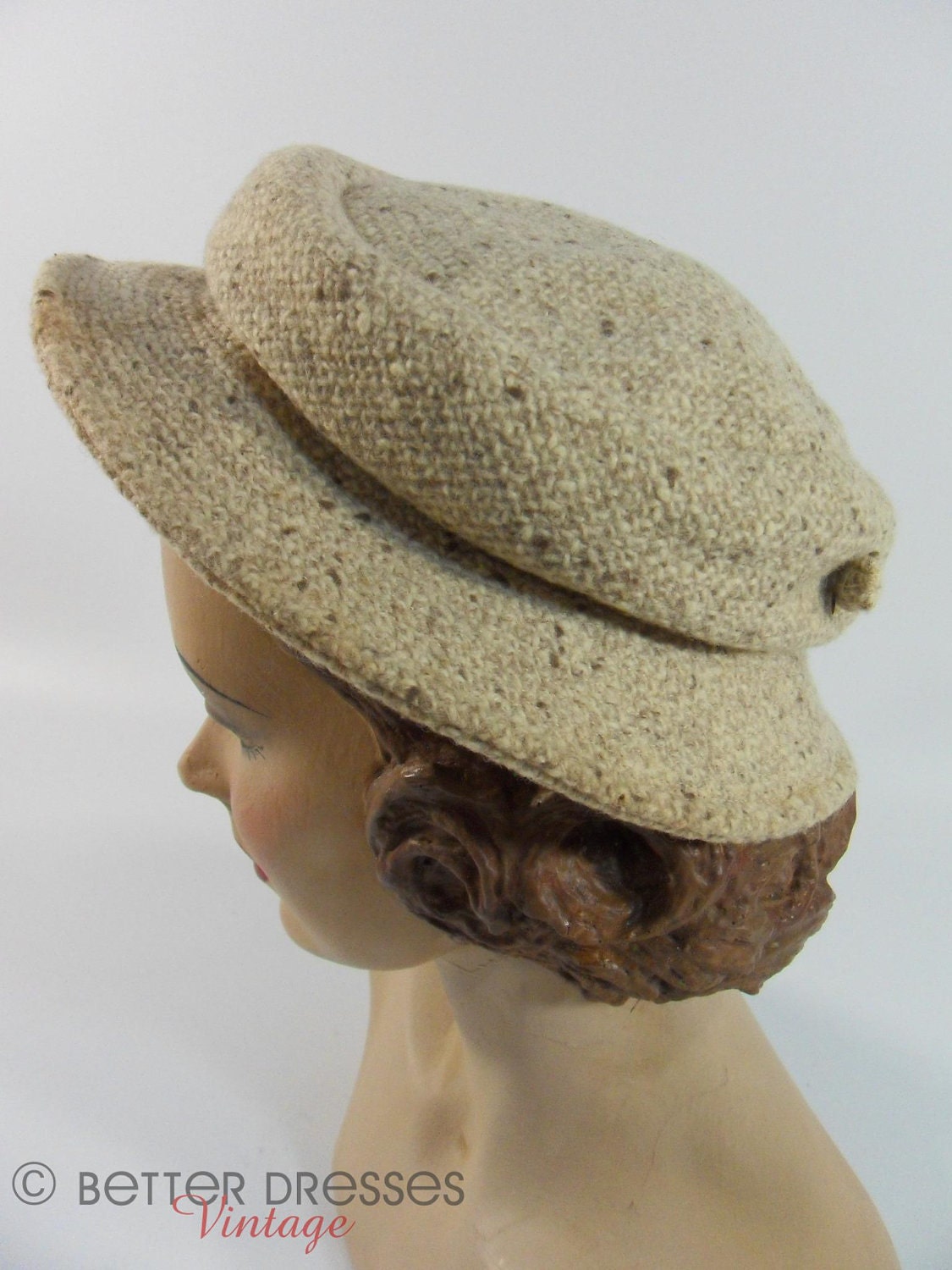 Vintage 40s, 50s, 60s Hat. Oatmeal Wool Tweed by Miss Bea Mack - TREASURY ITEM