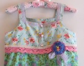 Boho Shabby Chic Girls Dress  Fresh Spring Fairy Minty Greens and Crochet Flowers and POM POM s