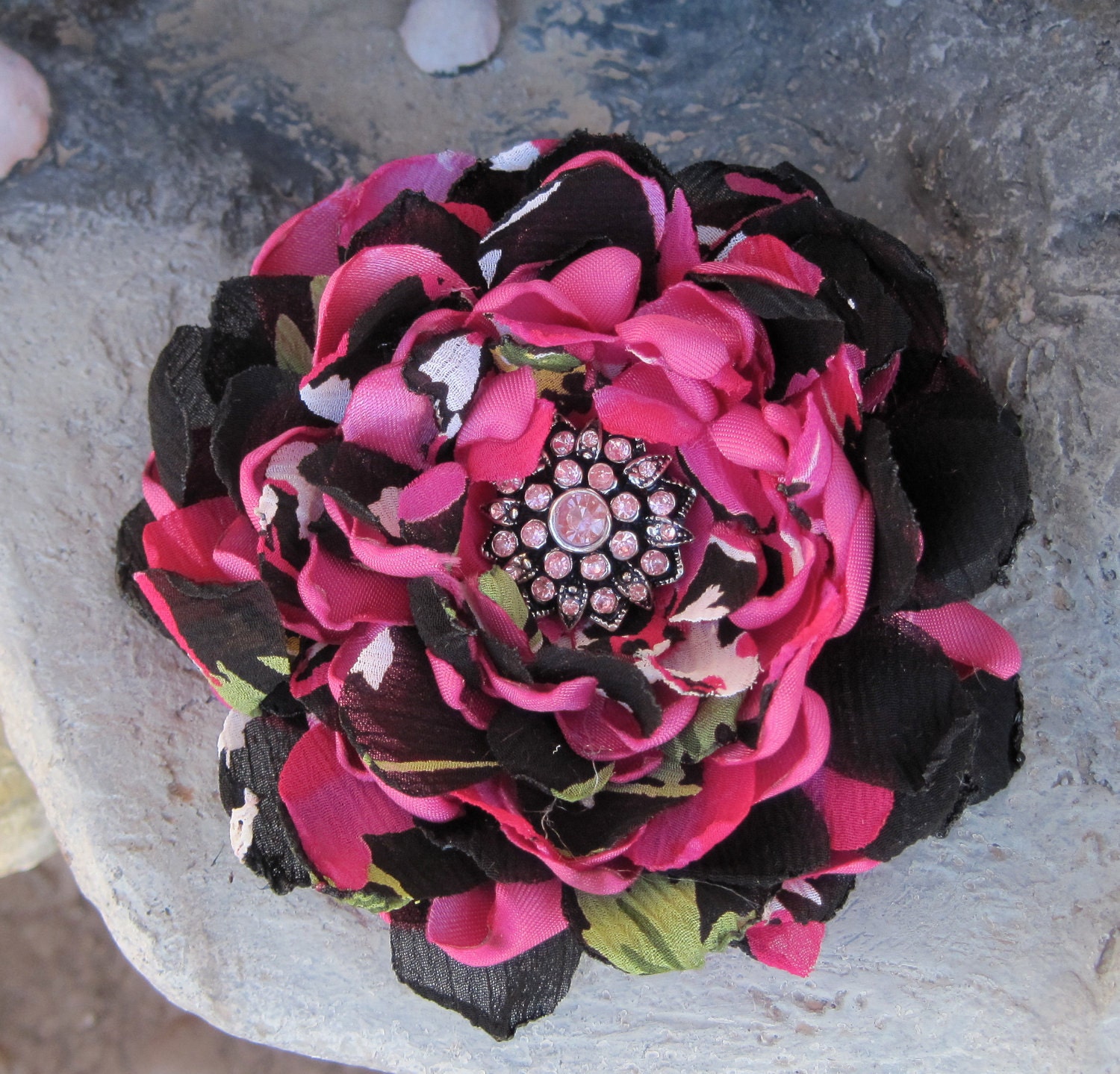 Black and Shocking Pink Flower Brooch, Pin, Hair Clip with gorgeous Pink Rhinestone Accent