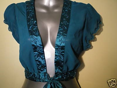 The Flirt Game Blue Beaded and embroidered Satin and Chiffon Vintage Flutter /short Sleeve Bolero, blouse,top small, 'WA Street Team'