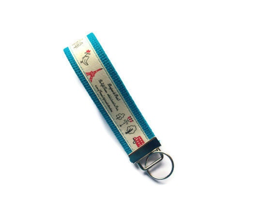 Wristlet Key Fob/Key Ring - cotton webbing - turquoise blue
