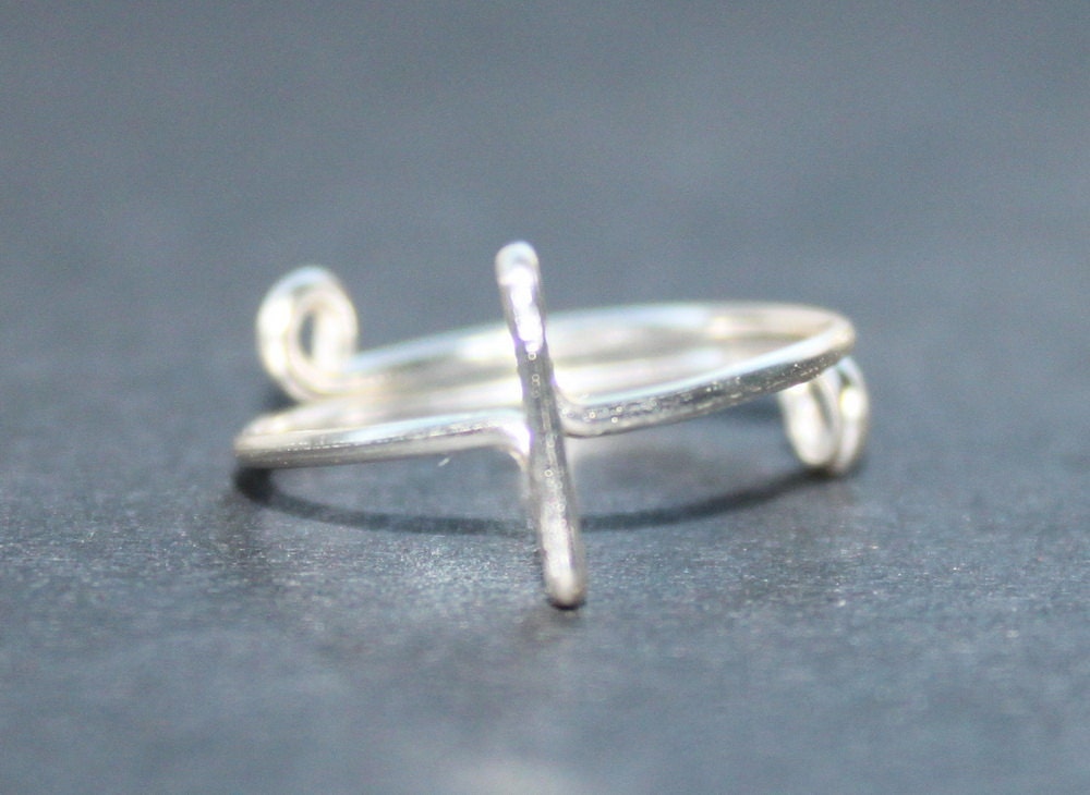 Sideways Cross Ring, Silver Wire Adjustable, Fits Your Size