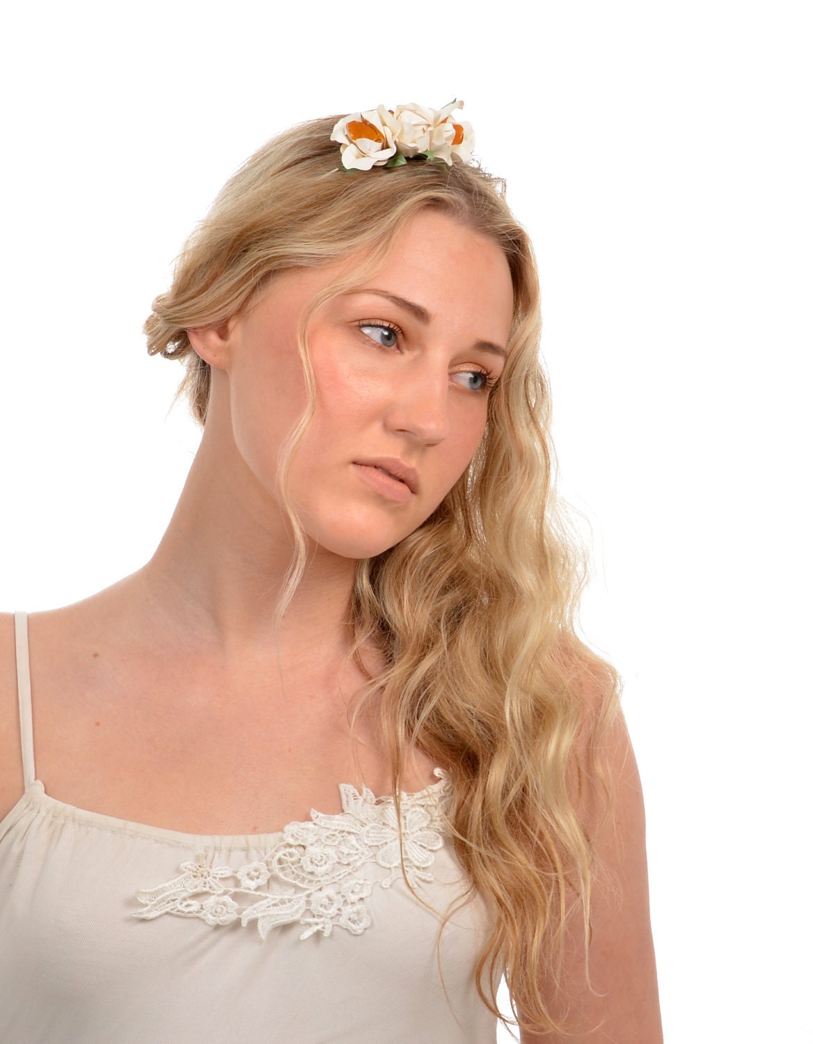 Gold lined cream paper flowers headband