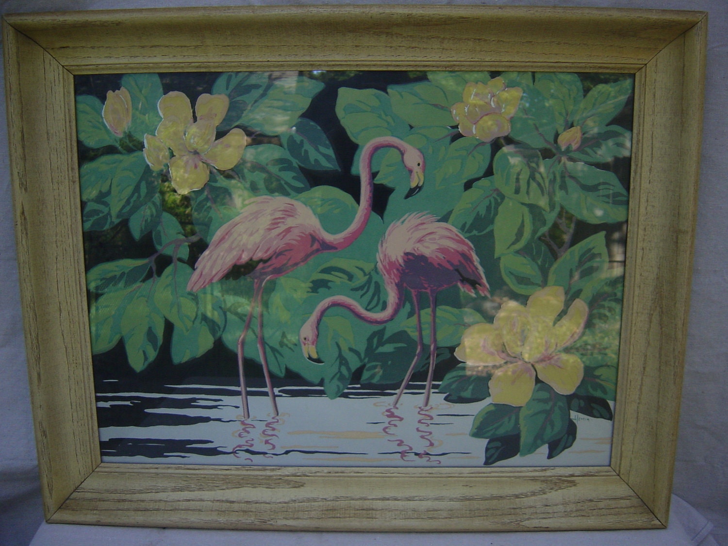 Vintage Art Silk Screen Flamingo 1940's by Hemia Calpini Home Decor Pink Green