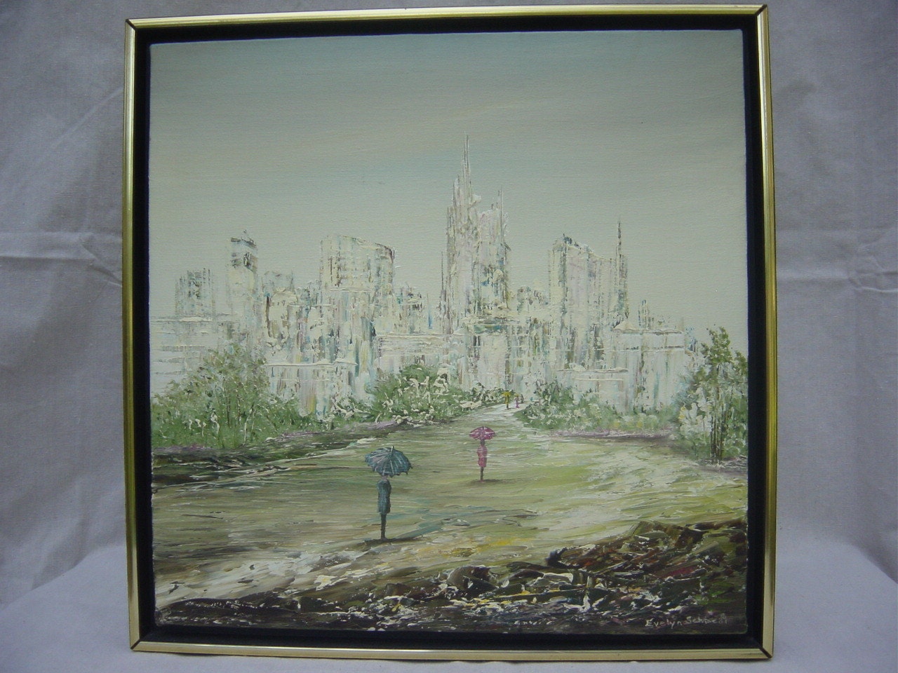 Reserved for Stephanie Vintage Mid Century Original Oil on Canvas Evelyn Schmedt Painting Cityscape