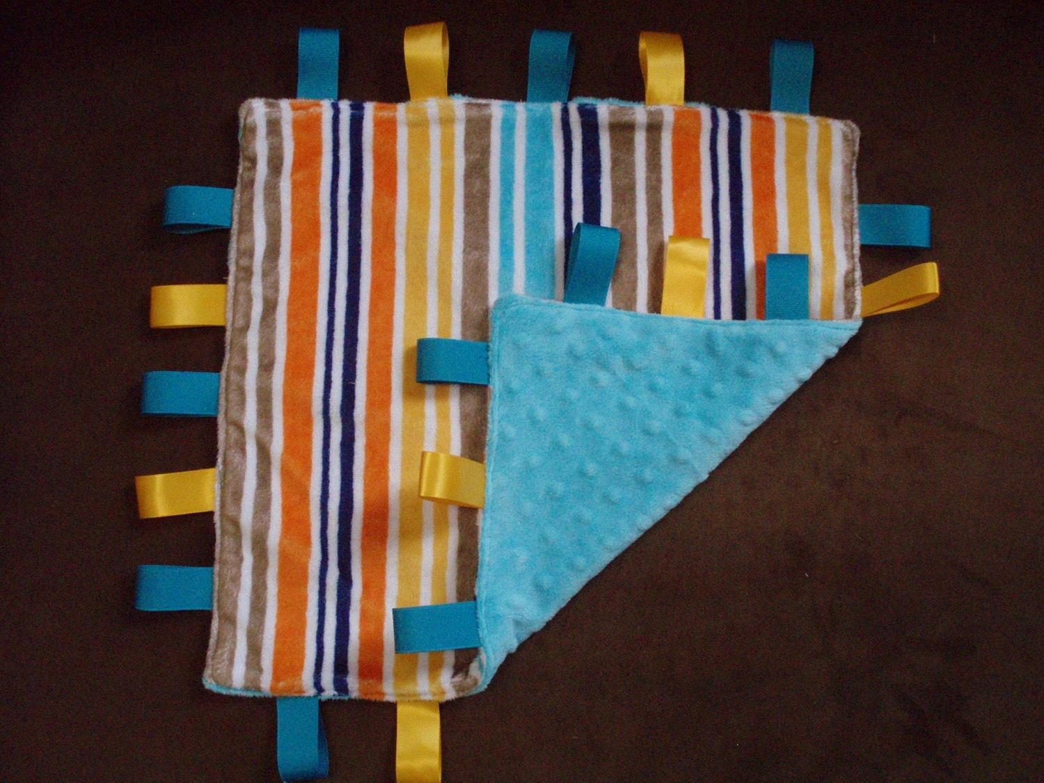 Minky lovey turquoise lines tag blanket
