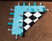 Minky lovey turquoise tag blanket with black & white diamonds/checkers