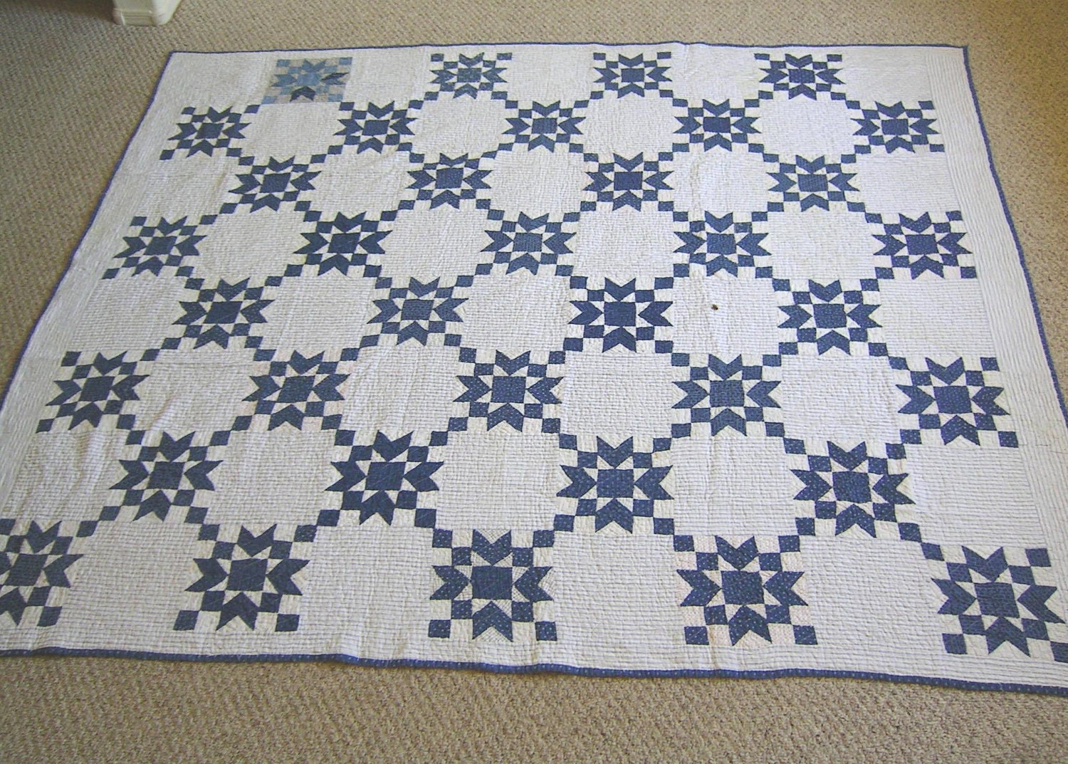 Antique Blue and White Star Quilt - Handstitched