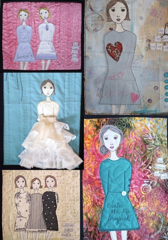 Creative Girl Art Quilt Pattern and Faces in White