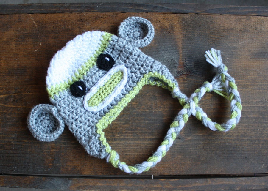 Children's Sock Monkey Green and Grey Earflap Crochet Hat