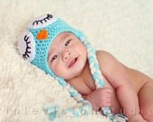 Children's Sleepy Owl Grey And Blue Earflap Boy or Girl Crochet Hat Newborn Photo Prop