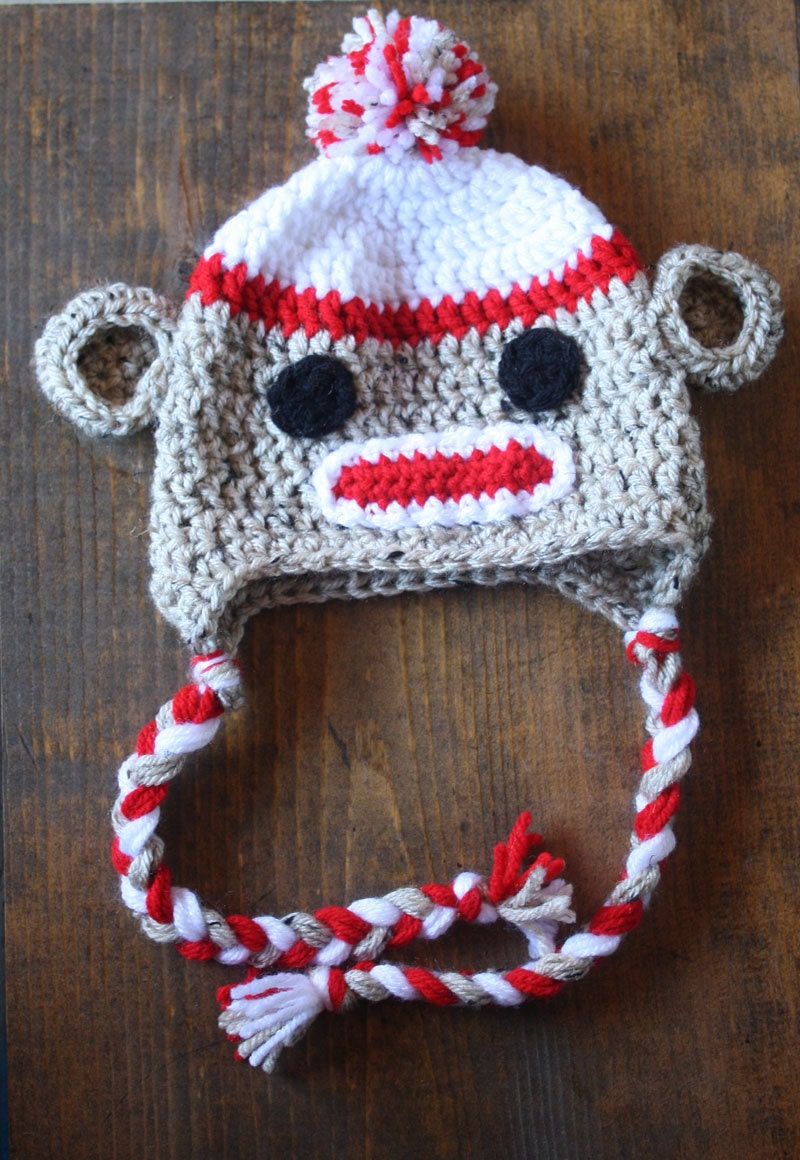 Children's Sock Monkey Light Brown and Red Earflap Crochet Hat
