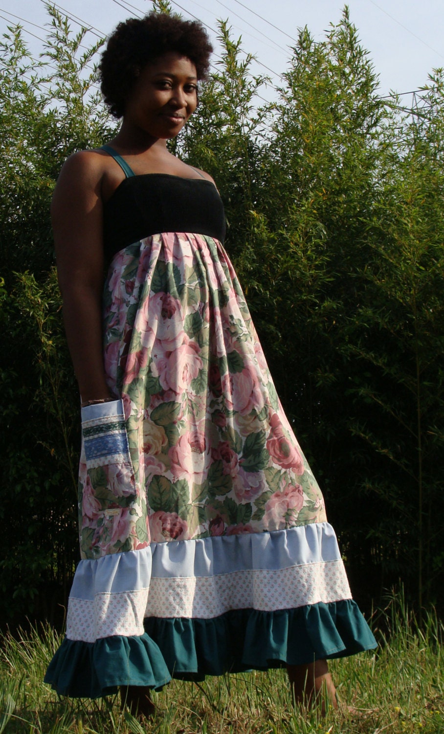 RESERVED pink rose hippie patchwork corset sun dress pockets corduroy vintage lace and fabrics DEPOSIT