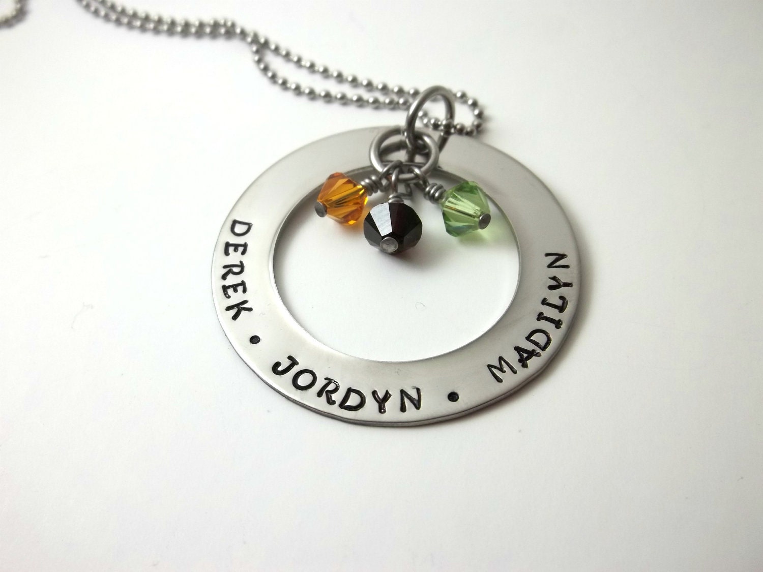 LARGE Family Birthstone Hand Stamped Stainless Steel Necklace 1 1/2" open circle