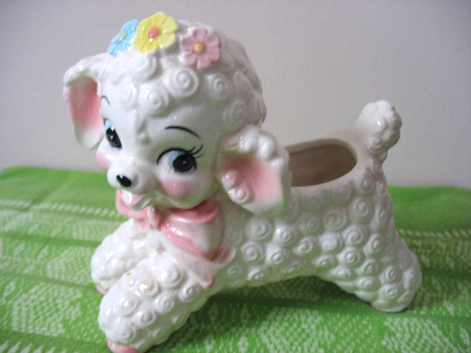 Rubens Small Lamb Planter Easter Lamb Lamb Vase Lamb Baby Planter White With Pink Bow Pink Blue and Yellow Flowers Treasury Item